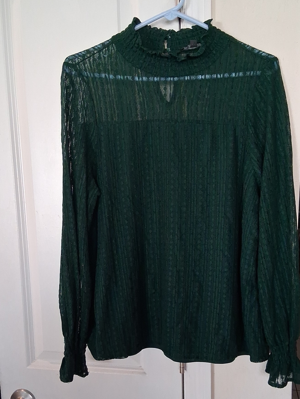 Adrianna Papell Dark Green Lace Ruffled Mock-Neck Blouse